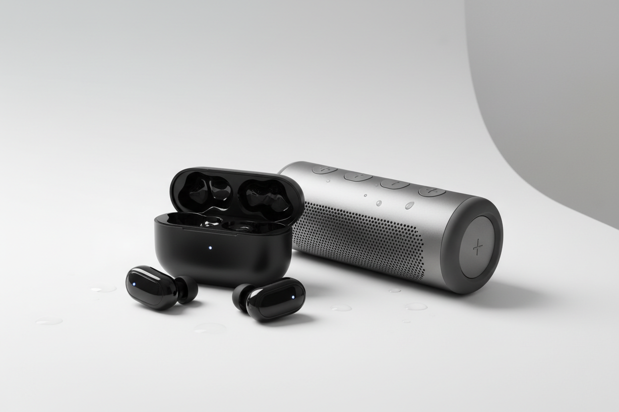 make a picture  earbuds , potable   buletooth speaker 